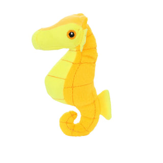 Mighty Jr Ocean Seahorse plush squeaky dog toy, yellow with orange accents