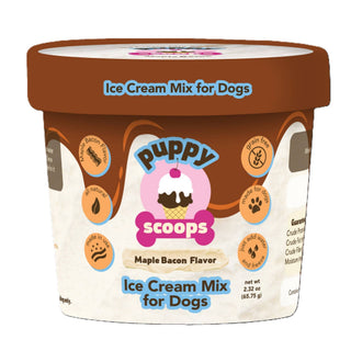Ice Cream Mix for Dogs, Maple Bacon Flavor in a brown tub with Puppy Scoops label