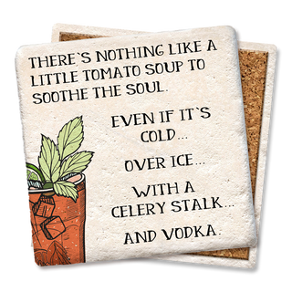Two Bloody Mary coasters featuring a tomato soup quote and celery stalk illustration on cork backing.