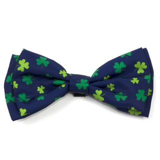 Lucky Bow Tie, navy blue dog bow tie with green shamrock pattern