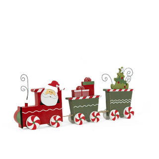 Wooden Christmas train set (3 cars) with Santa engine and gift cars, red and green with peppermint wheels.