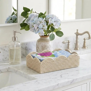Blue hydrangea hostess gift set in a woven wicker tray.