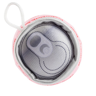 Puppi Ruffberry Rosé Dapper dog toy, round pink plush with white loop and silver paw-print interior