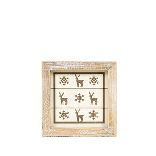 Wood frame sign 5x5 inches with a distressed whitewashed finish featuring a deer and snowflake pattern