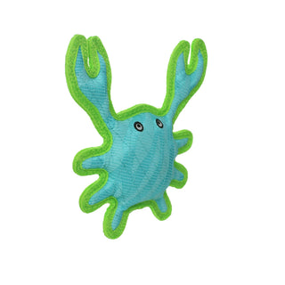 Crab-shaped blue dog toy with neon green edging, soft plush fabric.