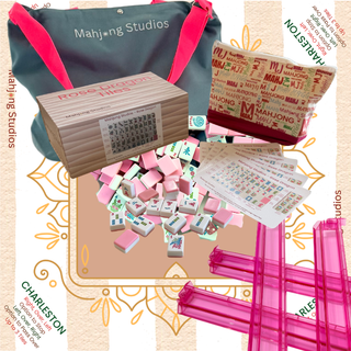 Rose Dragon American Mahjong tile set with 166 tiles, includes wooden box, pink tile rack, instruction sheets, and teal tote bag.