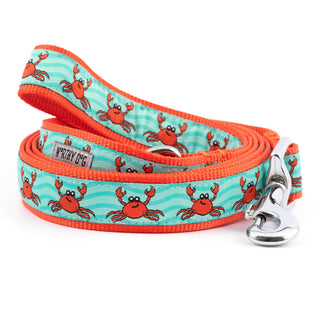 Crab-pattern dog collar in turquoise with orange trim and a metal buckle.