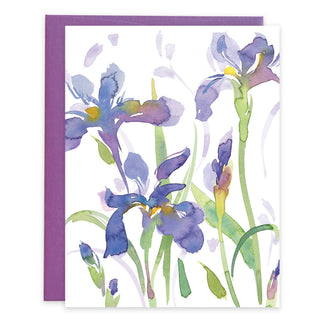Blank note card with iris field watercolor floral print and purple envelope