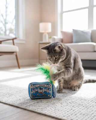Meowwife sardines catnip toy with feathers, blue plush fabric