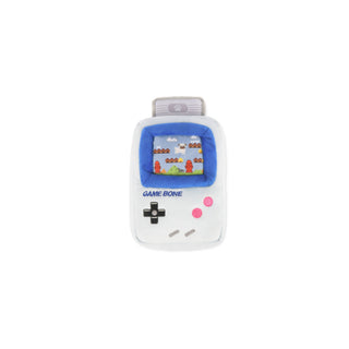 Game Bone plush toy, white handheld with blue screen frame and pink buttons