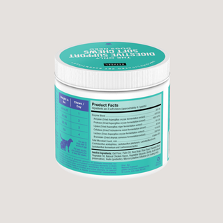 Digestive support soft chews for dogs in a white jar with teal label.