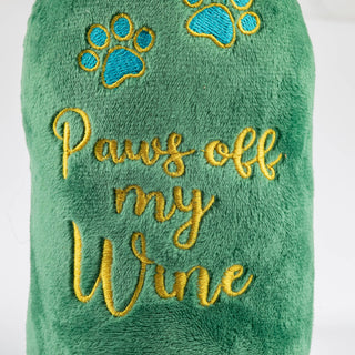 Pawfoot Wine Squeaker dog toy, green plush with gold embroidery spelling Paws off my Wine and blue paw prints