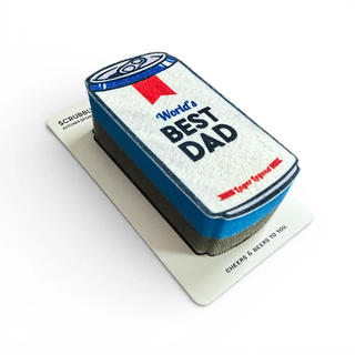 Beer Scrubbly Best Dad sponge by Wine Wash Co., blue and white can-shaped kitchen scrubber with World's Best Dad label.