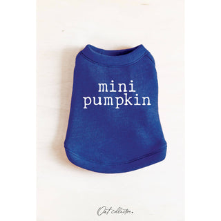 Mini pumpkin pet graphic sweatshirt in blue with white lettering; brand logo visible.