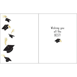 Graduation greeting card with five floating black mortarboards and gold tassels; right panel reads Wishing you all the BEST!
