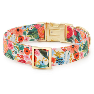 Garden Party dog collar with floral print fabric and gold-tone hardware.