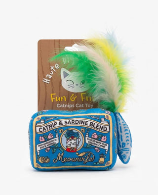 Meowwife Sardines Catnip Toy with Feathers, blue fabric and multicolor feather plume, Catnip & Sardine Blend label