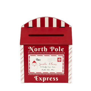 Red 9x12 chunky wood mailbox Christmas decor with striped arch lid and North Pole Express label