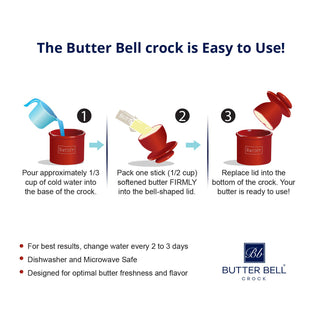 Butter crock with cafe matte stone finish; three-step diagram showing water fill, butter packing, and lid replacement.