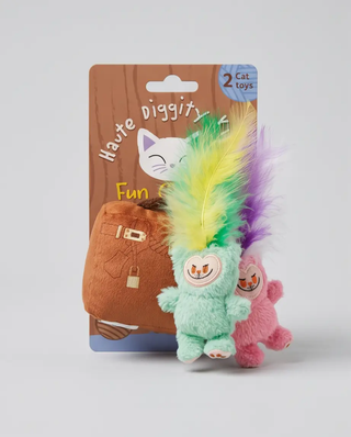Lameowow handbag catnip cat toy with feathers; two plush toys in mint green and pink with rainbow feathers