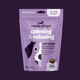 Calming & relaxing dog chews in purple pouch; bacon & cheese flavor; soft chews for anxiety relief