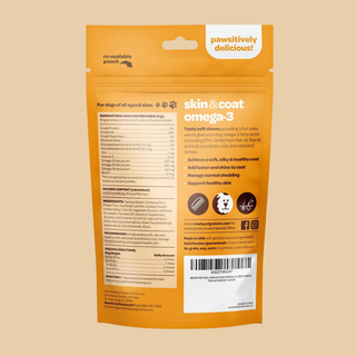 Dog omega-3 fish oil chews in orange pouch for skin and coat health, pet vitamins & supplements