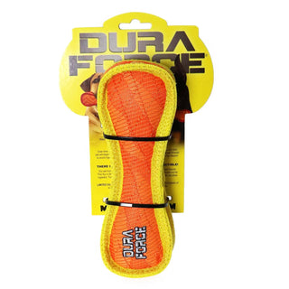 DuraForce Jr Bone Tiger orange dog toy with yellow trim and squeaker