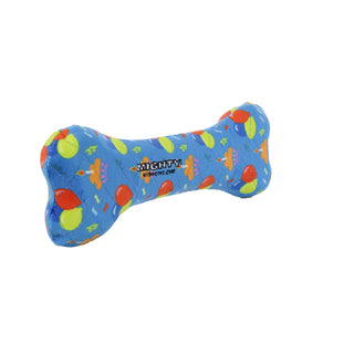 Mighty Bone squeaky dog toy, blue with bright orange and green print, no stuffing