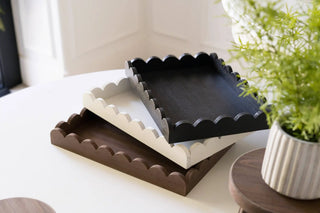 Wood scallop tray set of 3 in white, black and brown for home decor