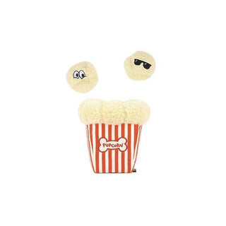 Poppin’ Pupcorn Dapper plush toy in red-and-white striped bucket with fluffy cream popcorn