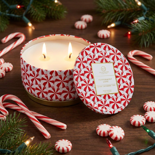Candles Peppermint Lane Embossed Luxe 12oz Tin, 2-Wick Candle with red peppermint pattern.