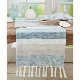 Stripe Runner woven table runner in blue, white and beige with tassel fringe