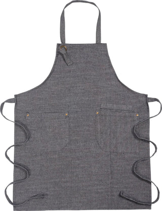 Chambray gray apron with multiple pockets, brass rivets, and adjustable waist/neck ties