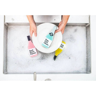 Scrubbly kitchen sponge set, Pop Fizz blue bottle sponge on a plate with pink and yellow bottle sponges in a sink.