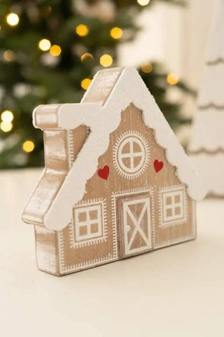Wooden cabin Christmas decor ornament, beige with white trim and red hearts, 6x5 chunky shape.