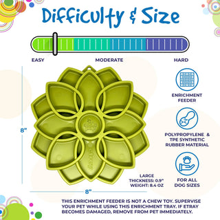 Dapper mandala eTray dog enrichment feeder, green flower-shaped plastic toy, 8-inch.