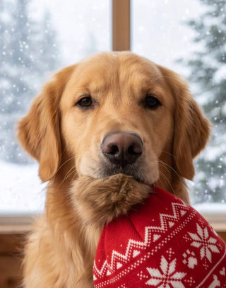 Apres Ski Pom Pom Hat squeaker dog toy: golden retriever in red knit sweater with snowflakes by snowy window