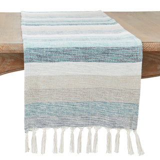 Stripe Runner rug in aqua, blue, and beige with tassel fringe