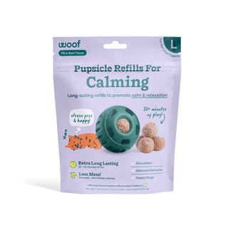Calming Wellness Pops dog treat refills bag; teal circular toy and three beige bites visible