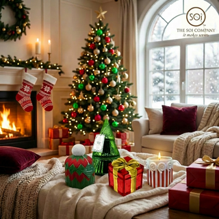 Holiday Spice 10oz Hand Painted Beanie Candle in a cozy holiday living room with Christmas tree and wrapped gifts.