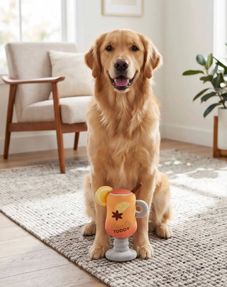 Haute Toddy holiday squeaker dog toy, orange mug with lemon slice and gray handle