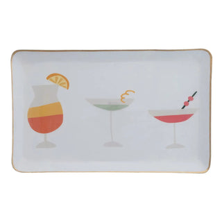 Tray, Hazel Mazel enameled; 12-3/4 x 7-3/4 in, white with pastel cocktail artwork and gold rim.