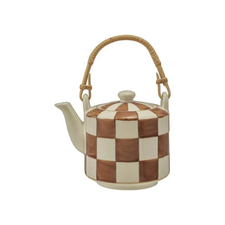 Stoneware teapot with brown-and-cream checkered pattern and a woven wicker handle.