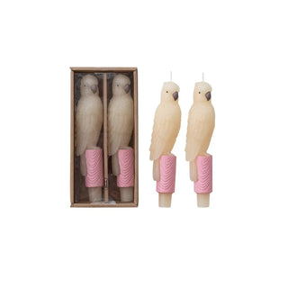 Parrot-shaped unscented taper candles, 2-pack with pink-wrapped bases in a box