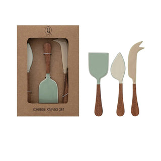3-piece cheese knife set with enameled stainless blades and wooden handles in mint green and beige.