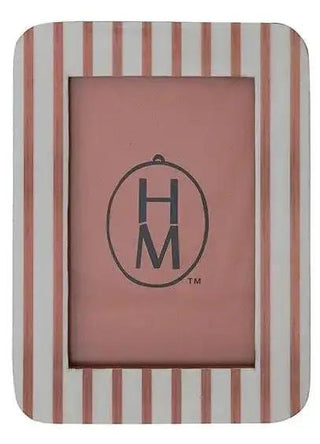 Resin striped photo frame with pink inner mat and pink-and-white striped outer border