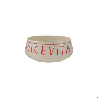 Hand-painted stoneware serving bowl with red script lettering on cream glaze