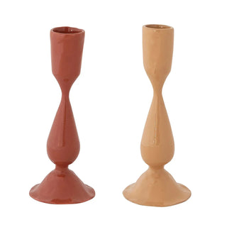 Taper candle holders, enameled cast iron, red and beige, pair for home decor.