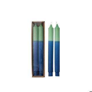 Candles: unscented 2-tone pleated taper, green-to-blue gradient, boxed set of two.