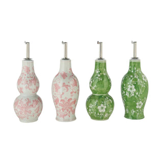 Set of four oil cruets, hand-painted stoneware with metal pour spouts in pink floral and green floral patterns